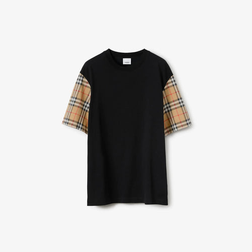 Oversize Check Sleeve Black Cotton T-shirt
