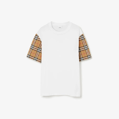 Oversize Check Sleeve White Cotton T-shirt