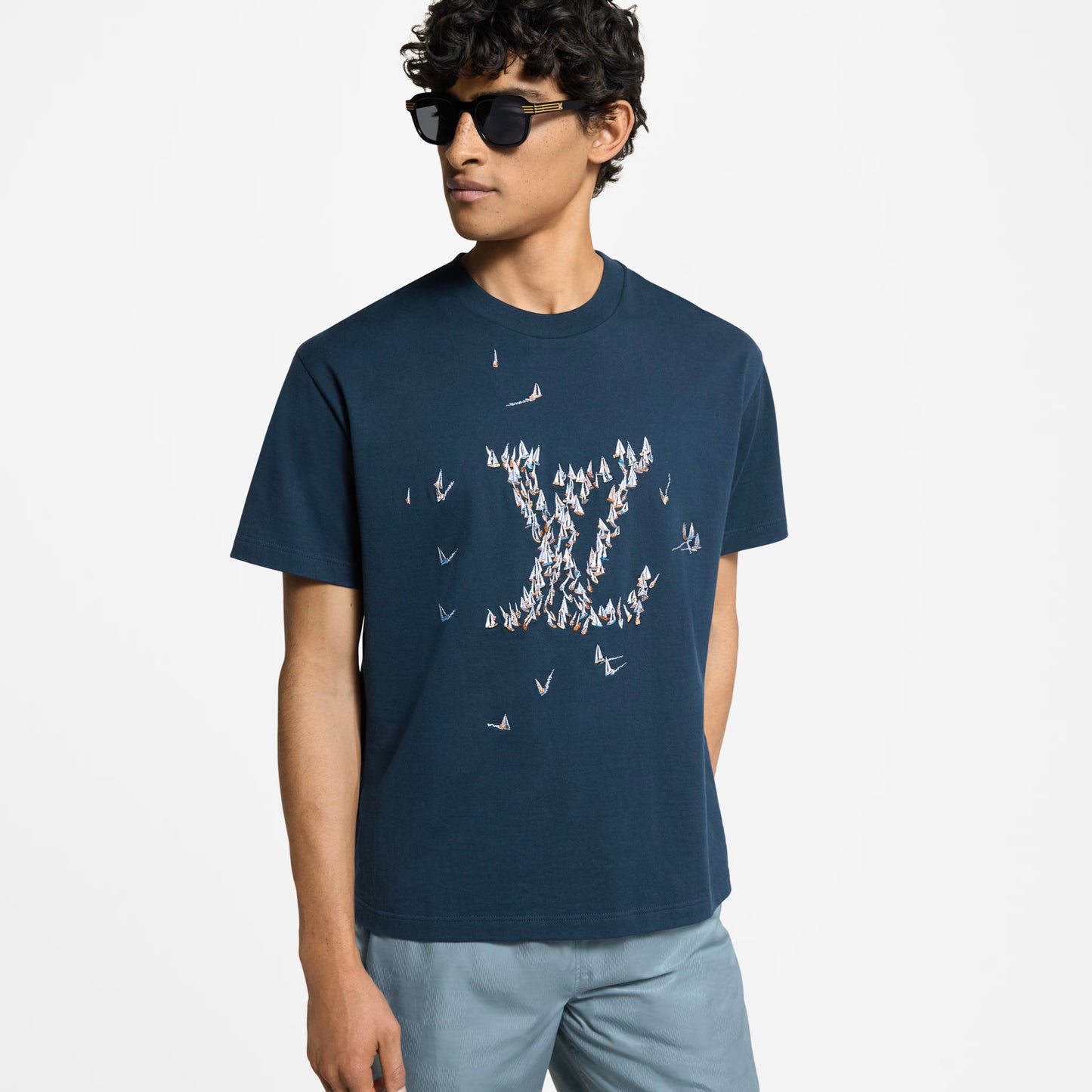 Embroidered Blue Cotton T-shirt