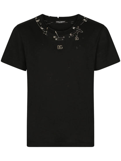 Safety-pin embellished cotton T-shirt - Exclusive Wear