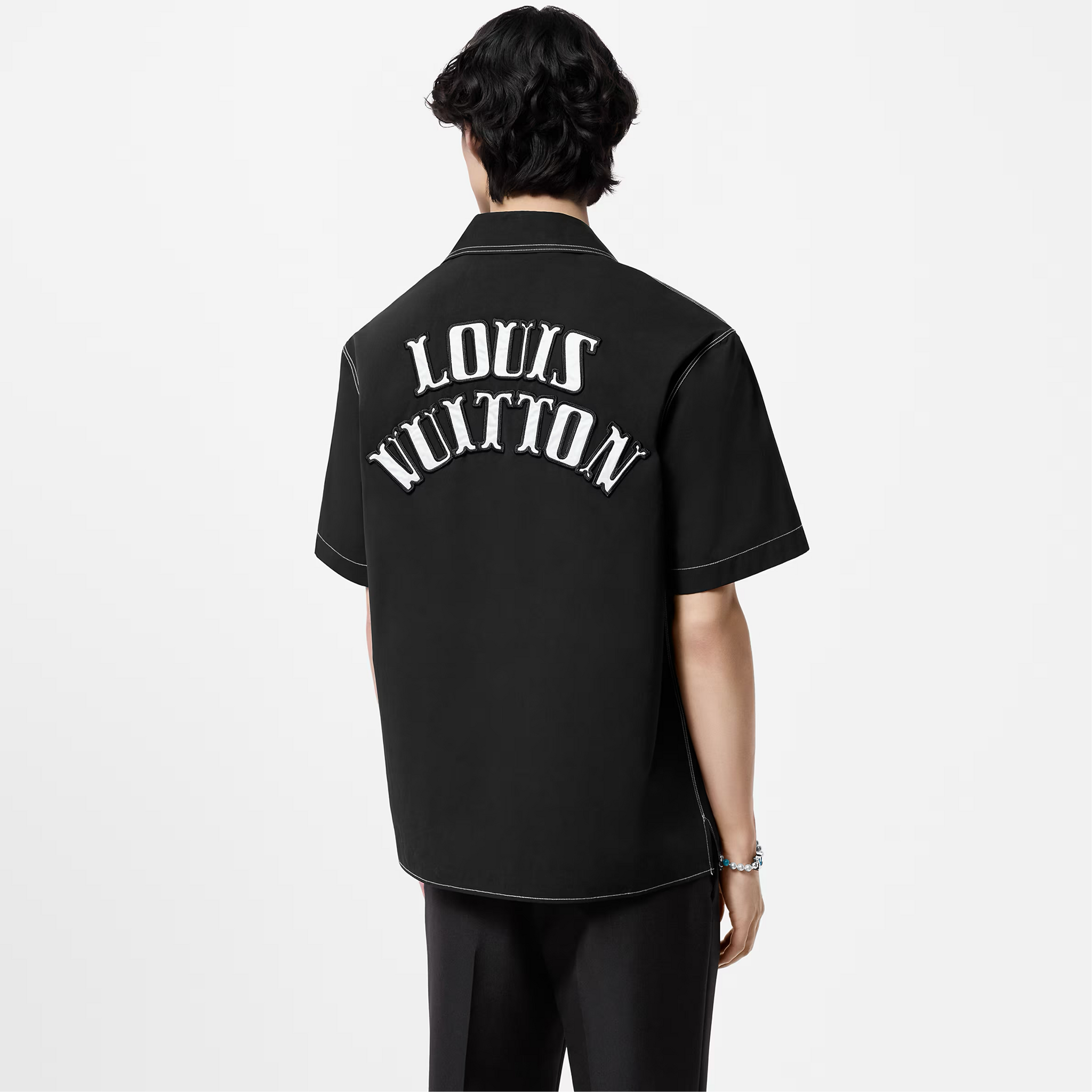 Embroidered Short-sleeved Black Cotton Shirt - Exclusive Wear