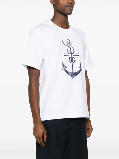 Anchor-print White Cotton T-shirt