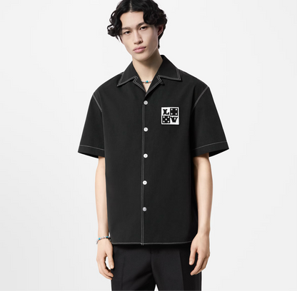 Embroidered Short-sleeved Black Cotton Shirt