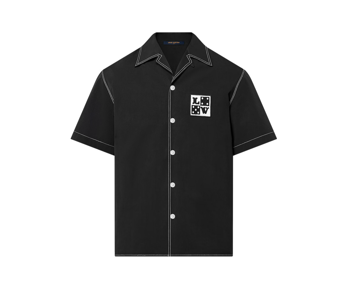 Embroidered Short-sleeved Black Cotton Shirt