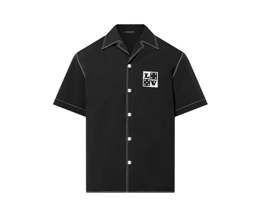 Embroidered Short-sleeved Black Cotton Shirt