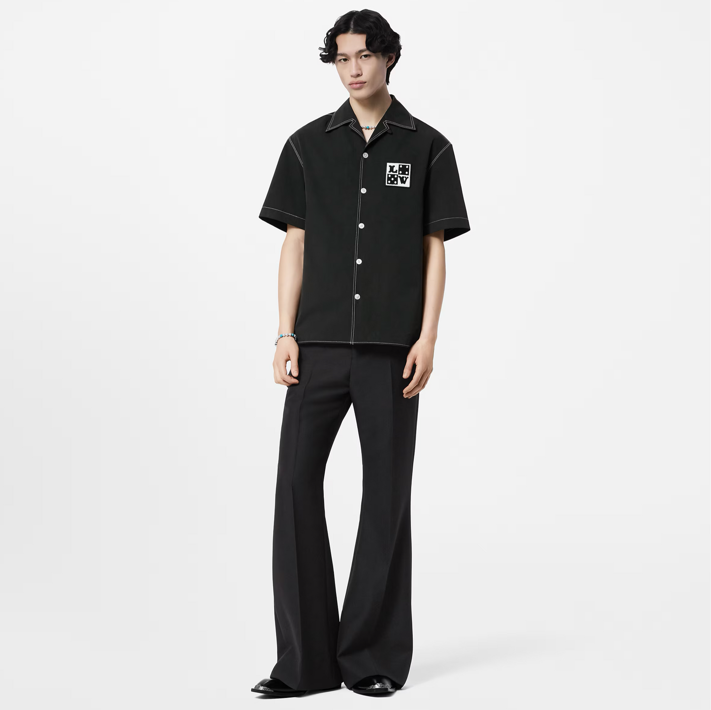 Embroidered Short-sleeved Black Cotton Shirt