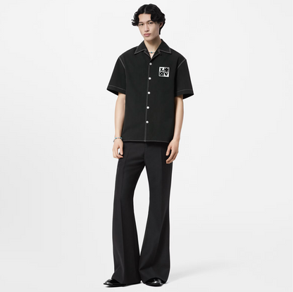 Embroidered Short-sleeved Black Cotton Shirt