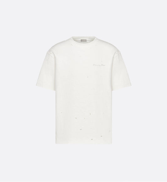 White Distressed-Effect Cotton Jersey T-shirt