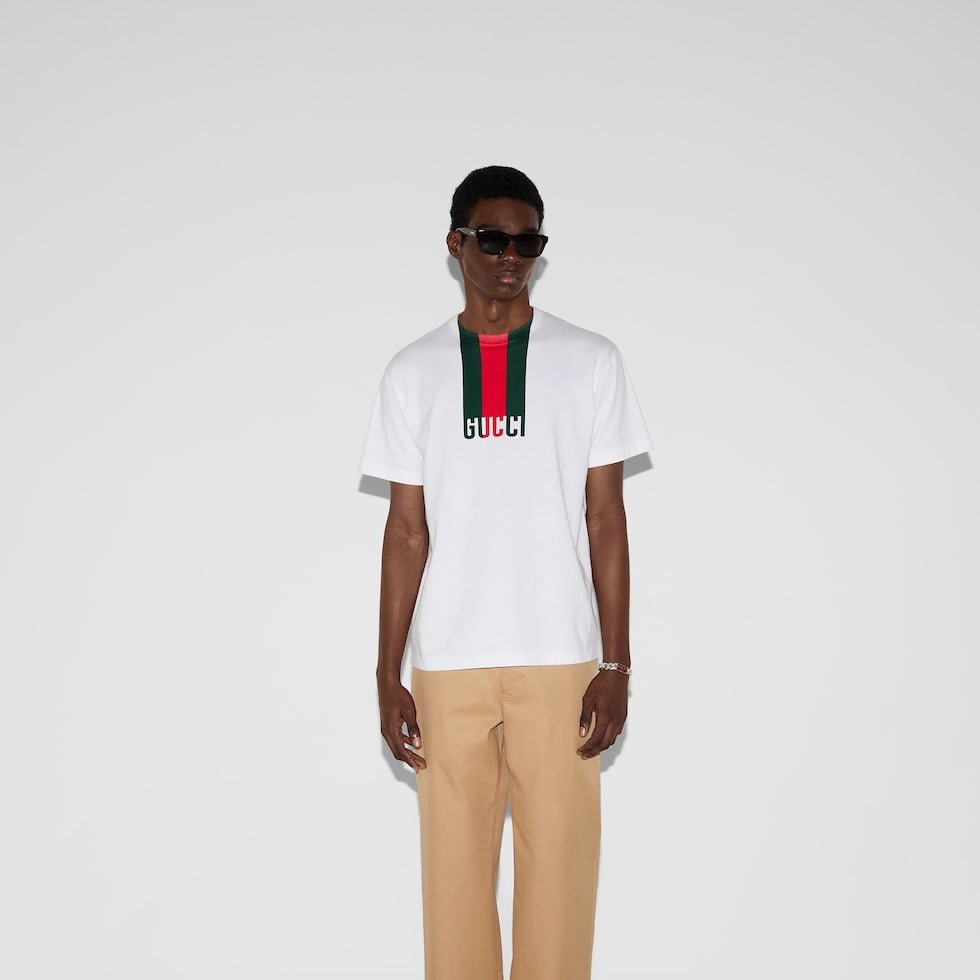 White Cotton Jersey T-shirt with a Web Print - Exclusive Wear