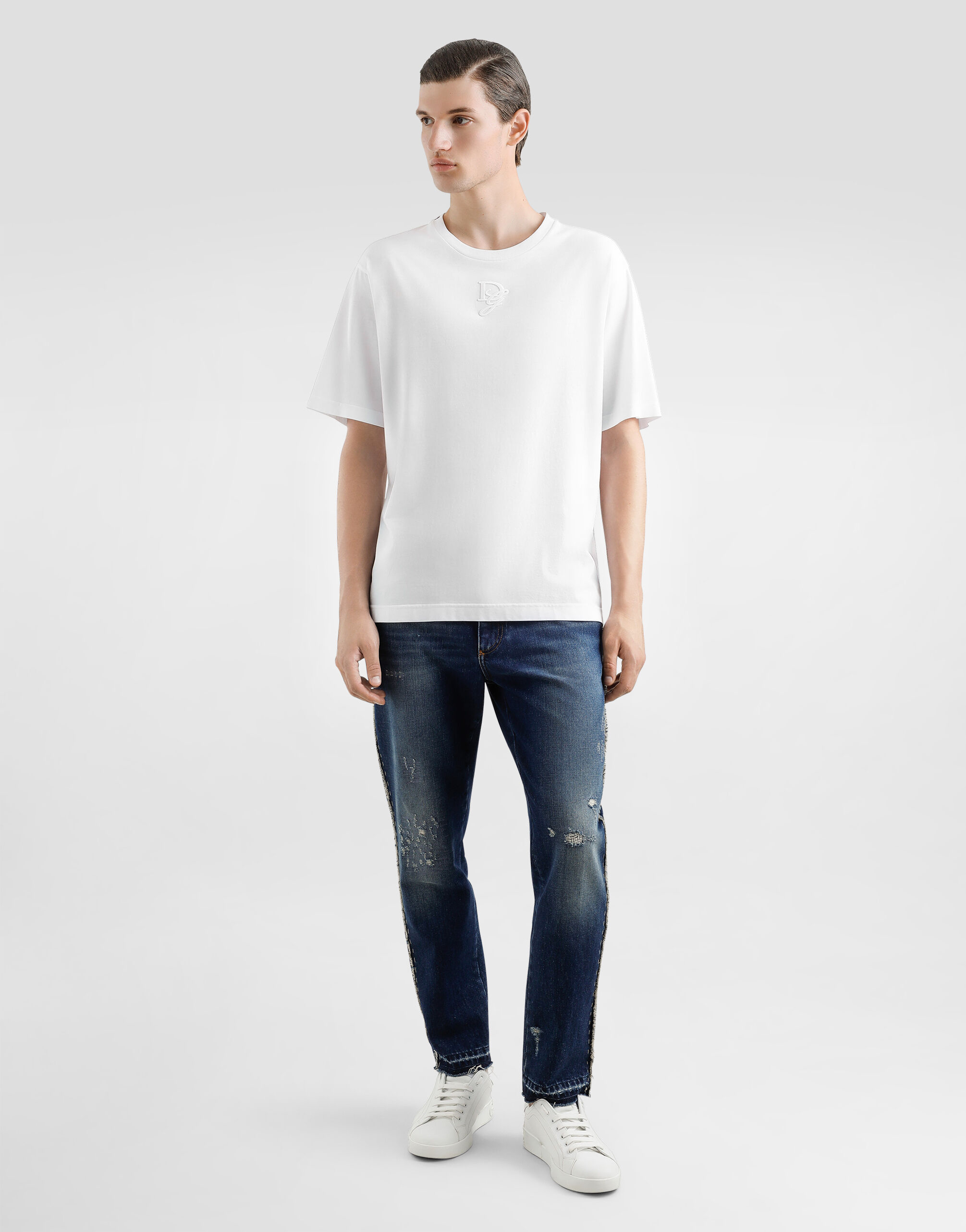 White Cotton T-shirt with Logo Embroidery - Exclusive Wear