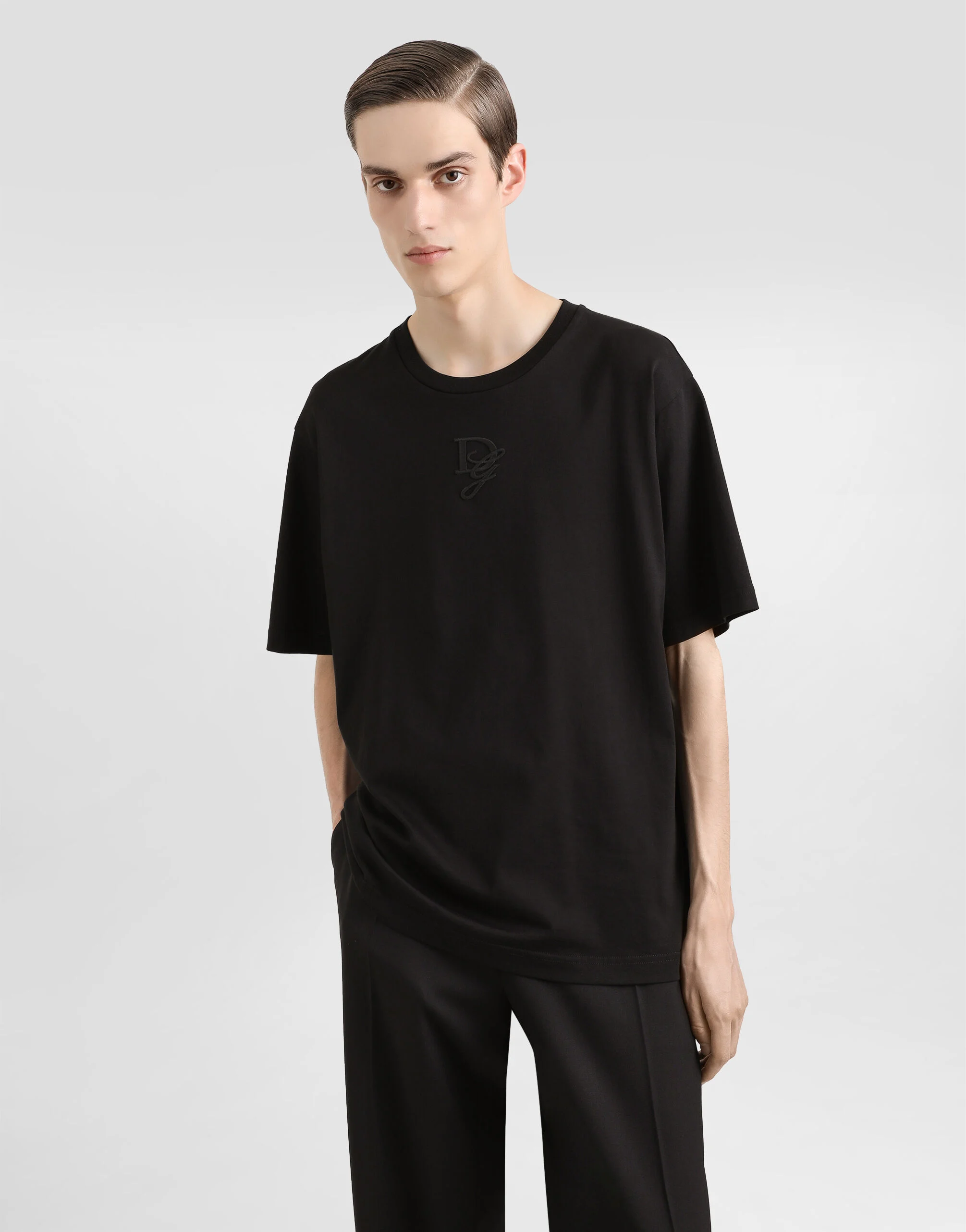Black Cotton T-shirt with Logo Embroidery - Exclusive Wear