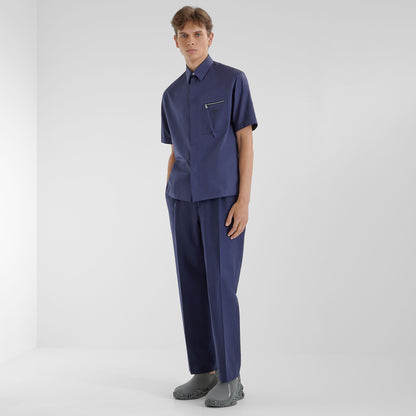 Pocket Zip-up Blue Cotton Shirt