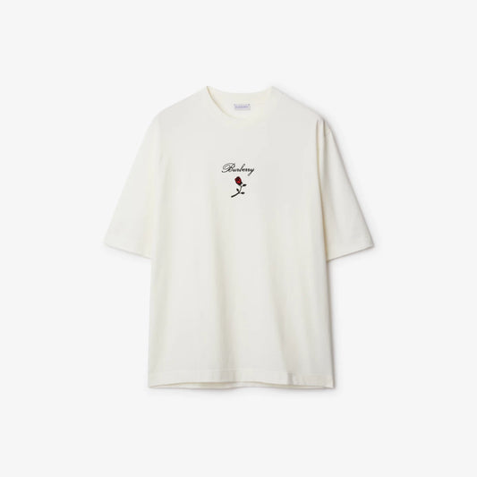 Rose Logo Embroidery White Cotton T-shirt