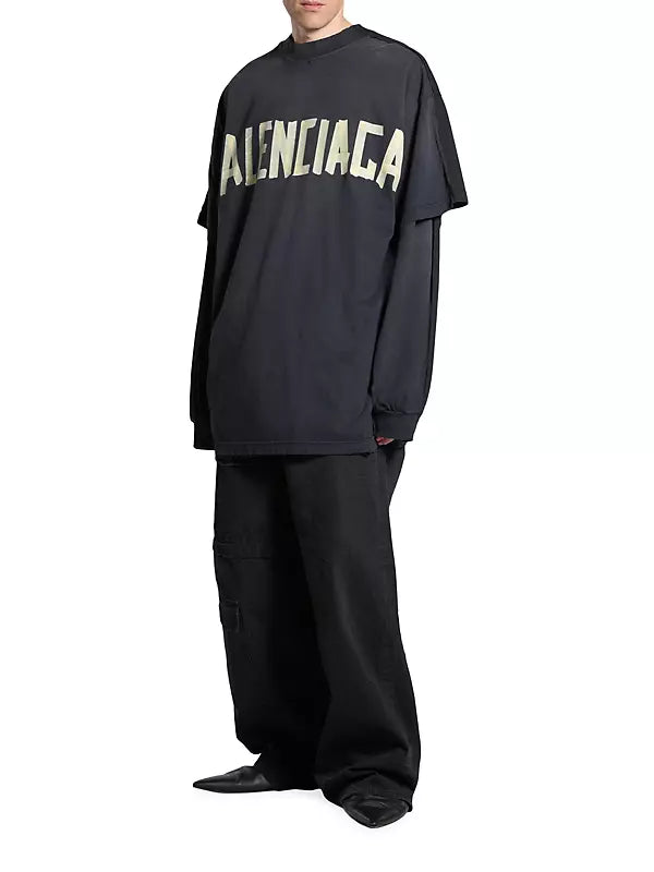 Tape Type Double Front Black Oversized T-shirt - Exclusive Wear