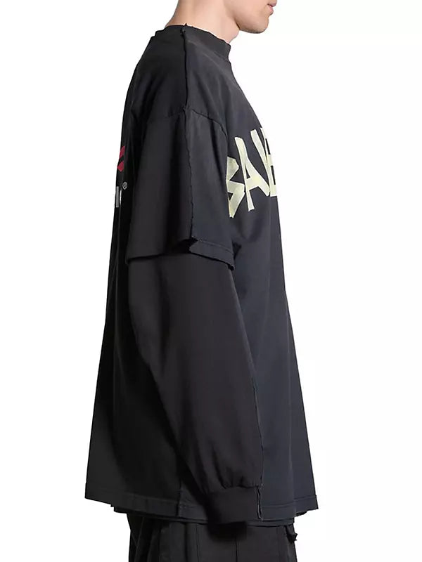Tape Type Double Front Black Oversized T-shirt - Exclusive Wear