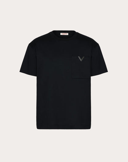 Black Cotton T-shirt with Metallic V Detail