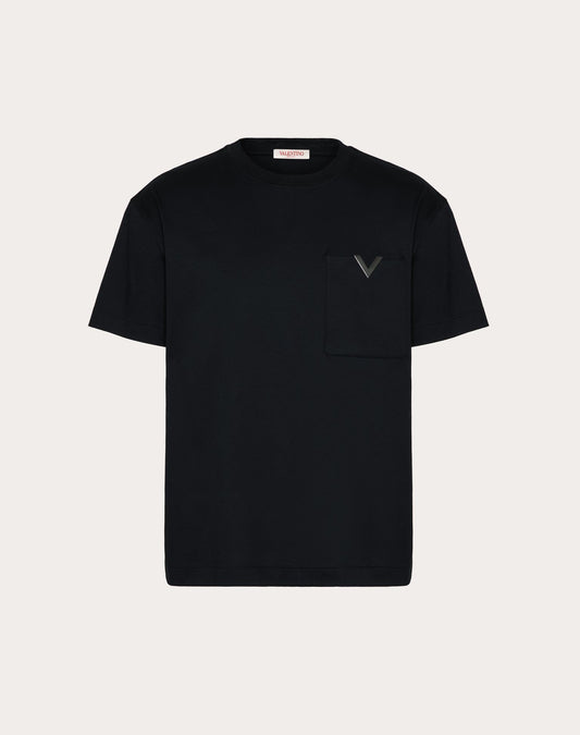 Black Cotton T-shirt with Metallic V Detail