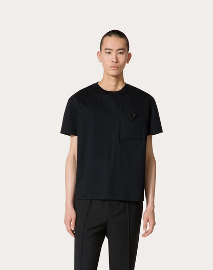 Black Cotton T-shirt with Metallic V Detail