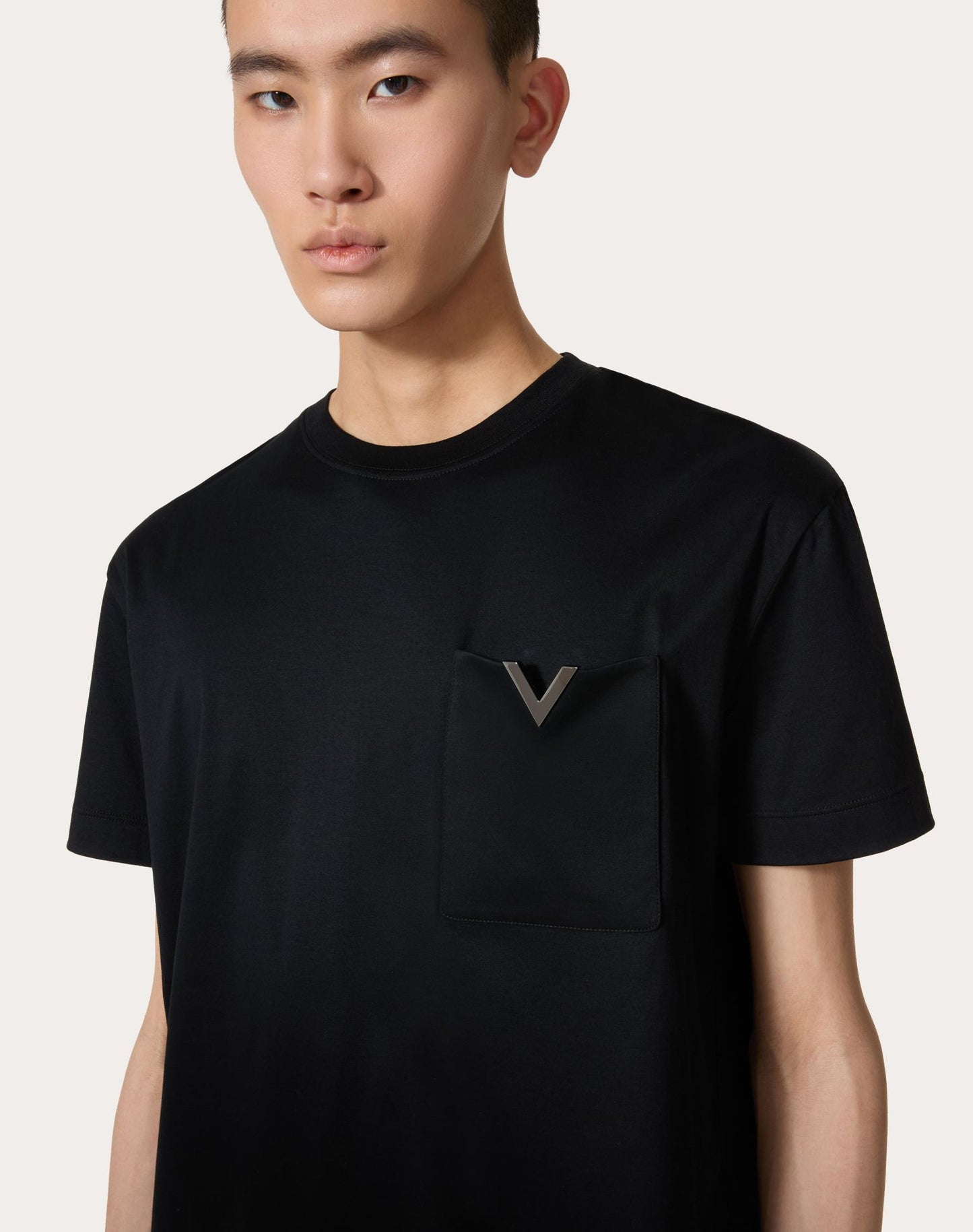 Black Cotton T-shirt with Metallic V Detail