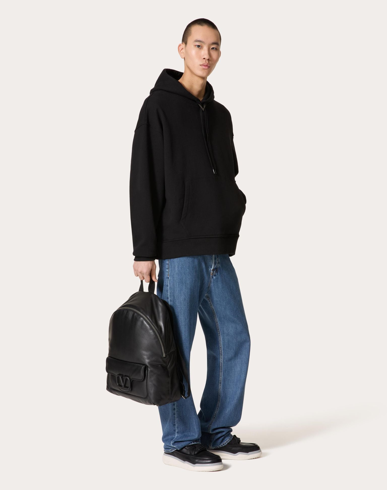 Black Cotton Hoodie with Metallic V Detail - Exclusive Wear