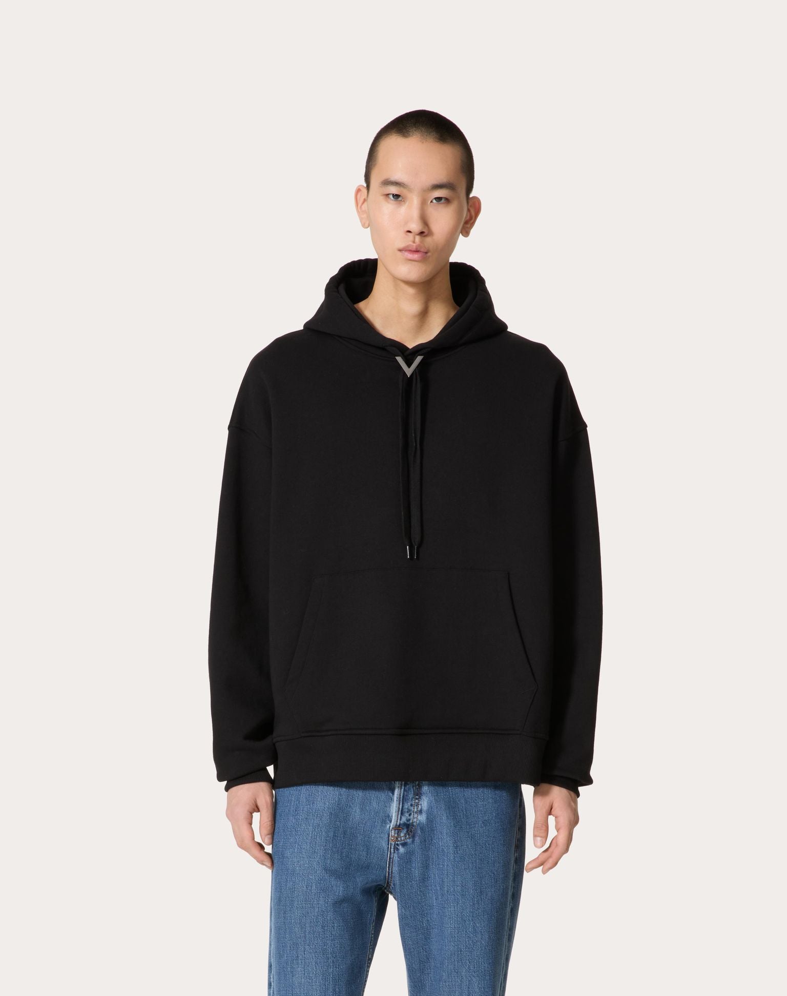 Black Cotton Hoodie with Metallic V Detail - Exclusive Wear