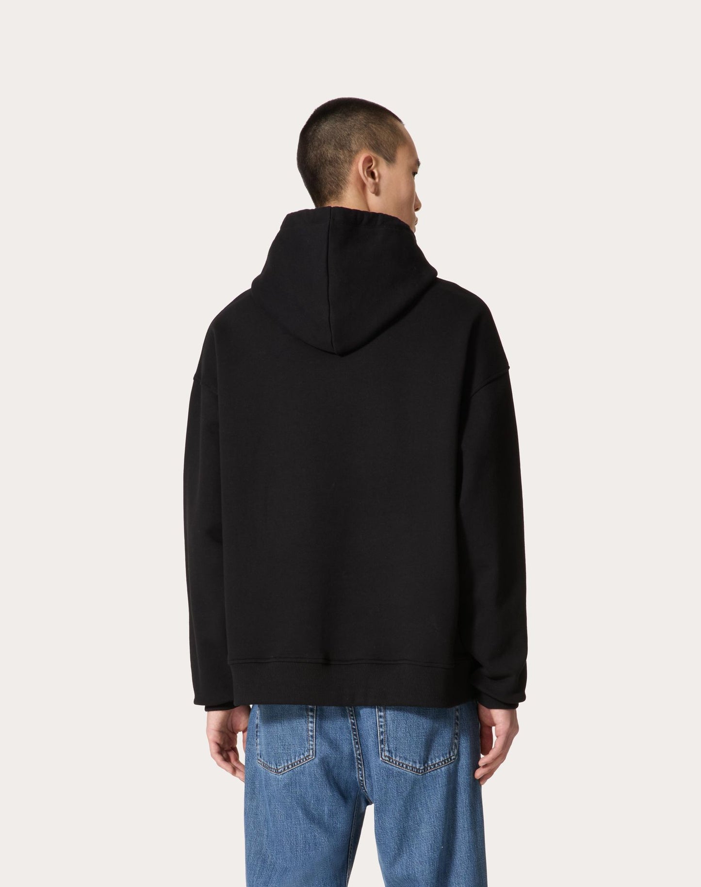 Black Cotton Hoodie with Metallic V Detail