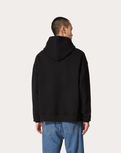 Black Cotton Hoodie with Metallic V Detail