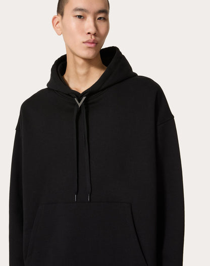 Black Cotton Hoodie with Metallic V Detail