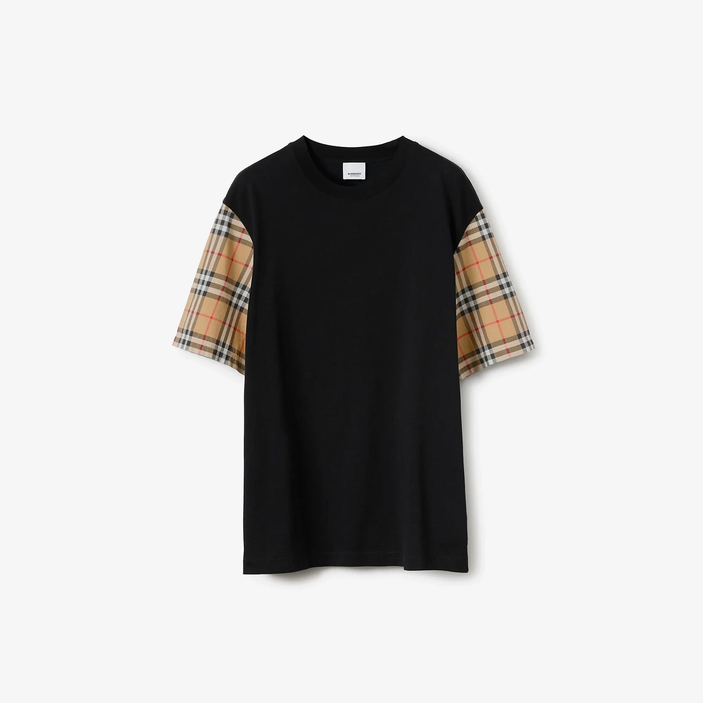Oversize Check Sleeve Black Cotton T-shirt
