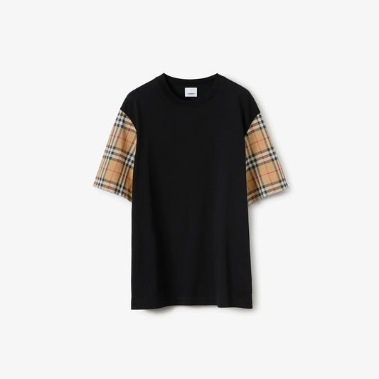 Oversize Check Sleeve Black Cotton T-shirt