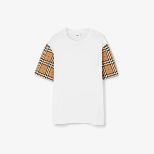 Oversize Check Sleeve White Cotton T-shirt