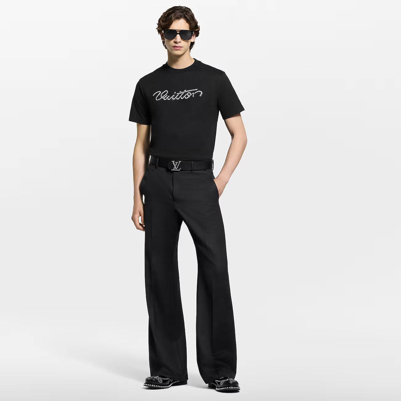 Beaded Signature Embroidery Black Cotton T-shirt - Exclusive Wear