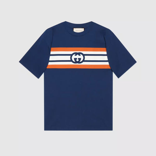 GUC Interlocking G stripe print Navy Blue T-shirt - Styledistrict