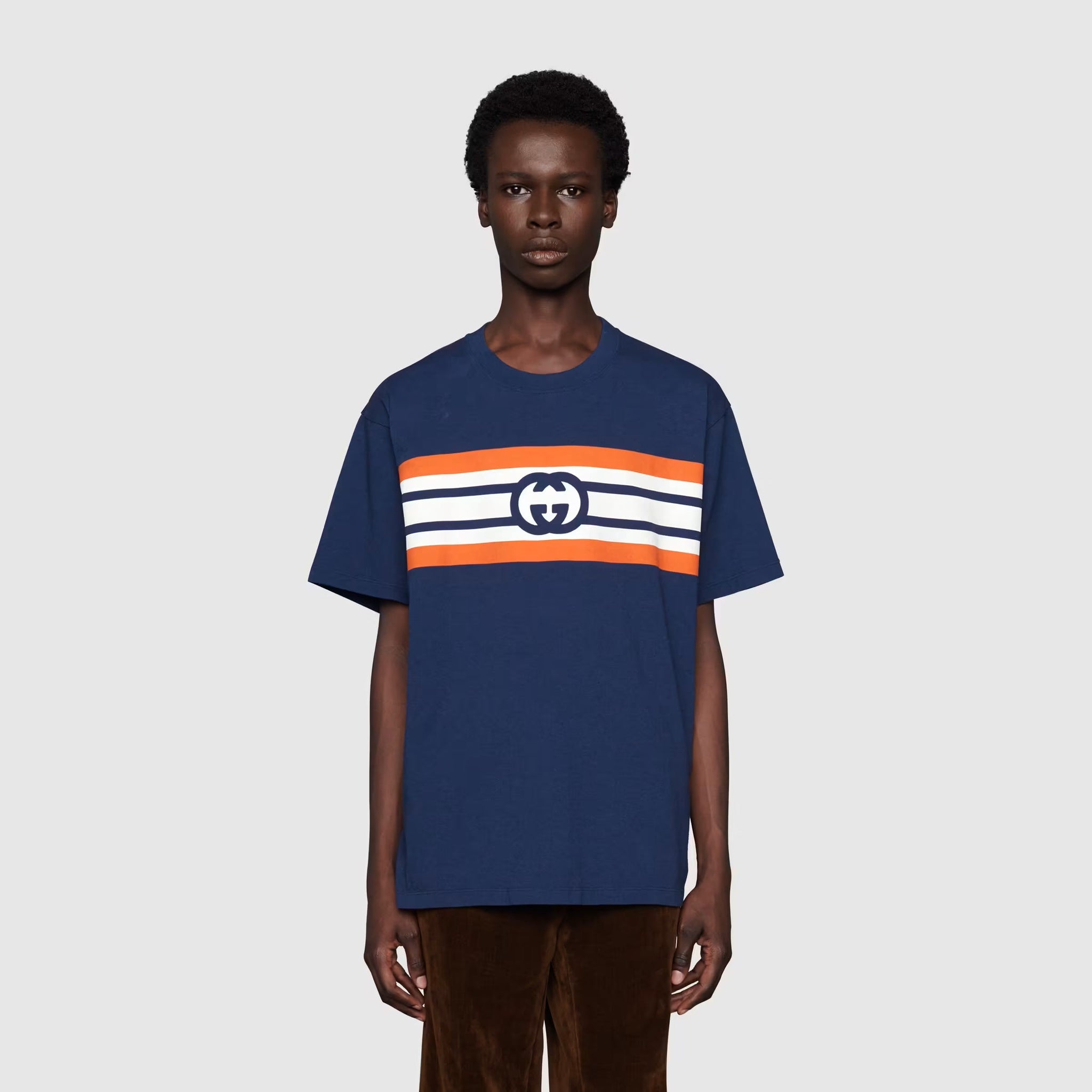 GUC Interlocking G stripe print Navy Blue T-shirt - Styledistrict